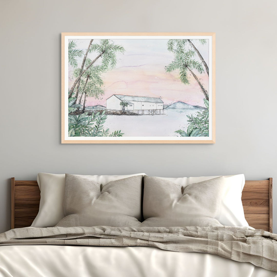 Balmy Beachside by Stephanie Elizabeth – framed paper print of Port Douglas Sugar Wharf painting, fine art coastal scene print