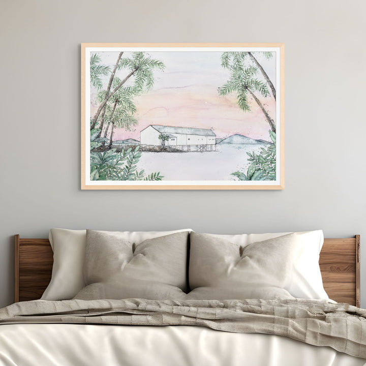 Balmy Beachside by Stephanie Elizabeth – framed paper print of Port Douglas Sugar Wharf painting, fine art coastal scene print