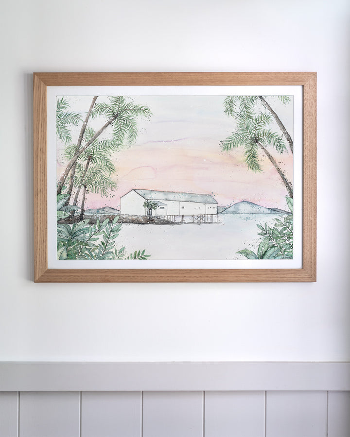 Balmy Beachside Sugar Wharf Port Douglas fine art print by Stephanie Elizabeth, framed paper print in an oak frame