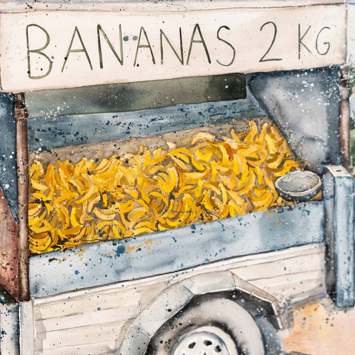 Banana Shack by Stephanie Elizabeth: a market cart filled with bananas, displayed with a sign reading BANANAS 2 KG.