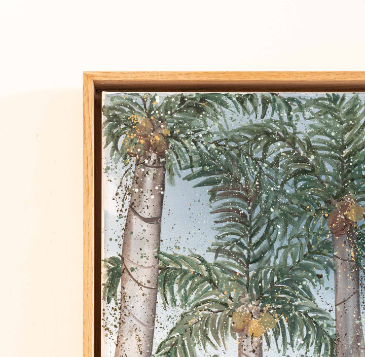 Banana Shack by Stephanie Elizabeth, framed acrylic painting showing green palm trees against a bright blue sky.