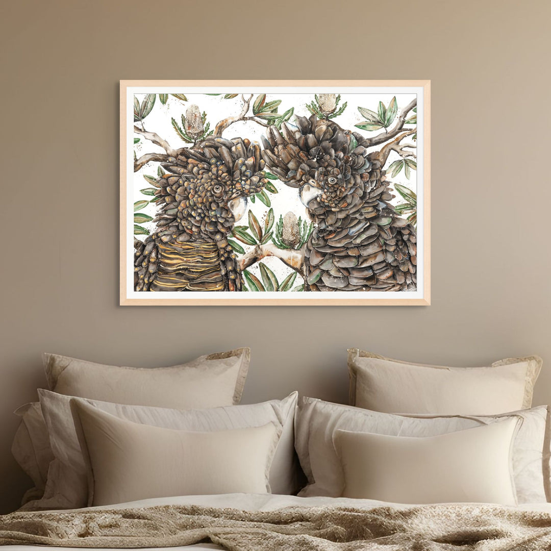 Banksia Banter by Stephanie Elizabeth – framed paper print of lively cockatoos among native banksia