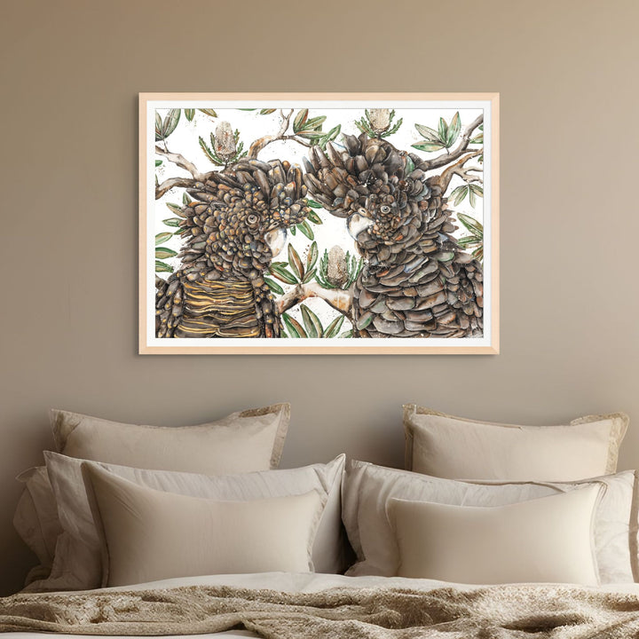 Banksia Banter by Stephanie Elizabeth – framed paper print of lively cockatoos among native banksia