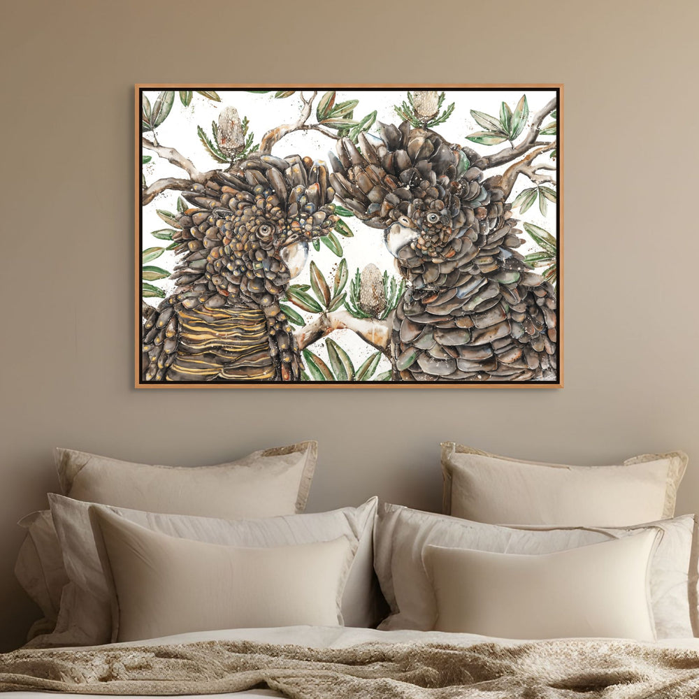 Banksia Banter by Stephanie Elizabeth – shadow box canvas print of playful cockatoos in Australian bush, fine art print