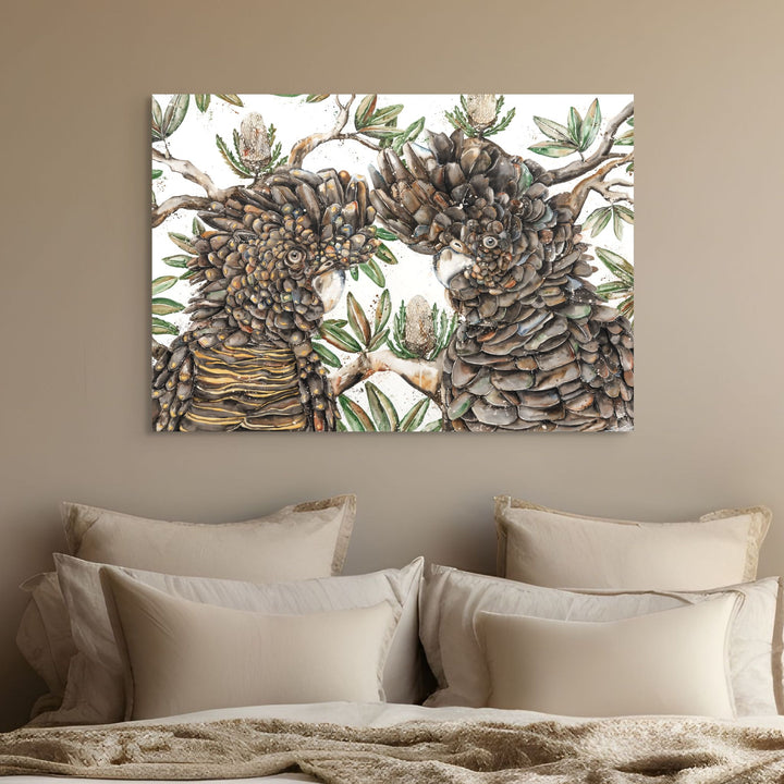 Banksia Banter by Stephanie Elizabeth – stretched canvas print of cockatoos perched in banksia, limited edition fine art print