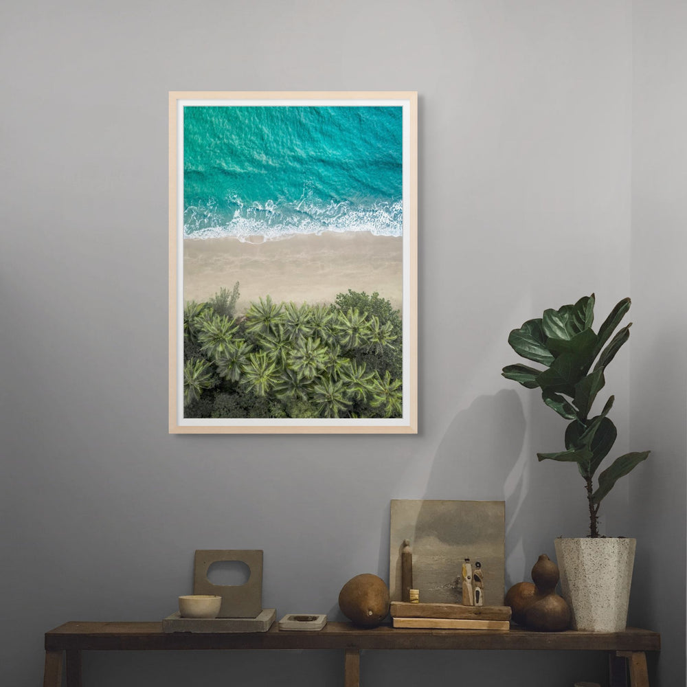 Beachside Reverie – aerial photograph of Four Mile Beach shoreline with soft sand and turquoise coastal water | Framed Paper Print