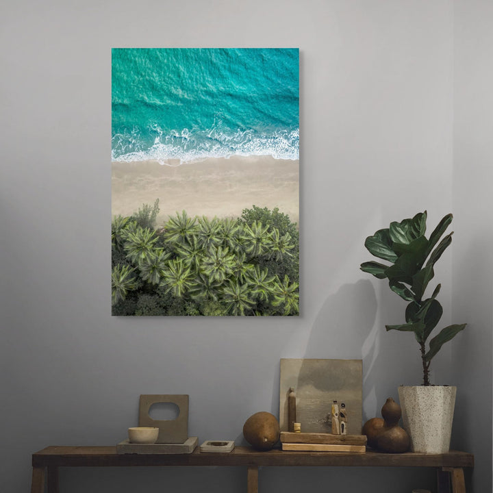 Beachside Reverie – aerial photograph of Four Mile Beach shoreline with soft sand and turquoise coastal water | Stretched Canvas Print