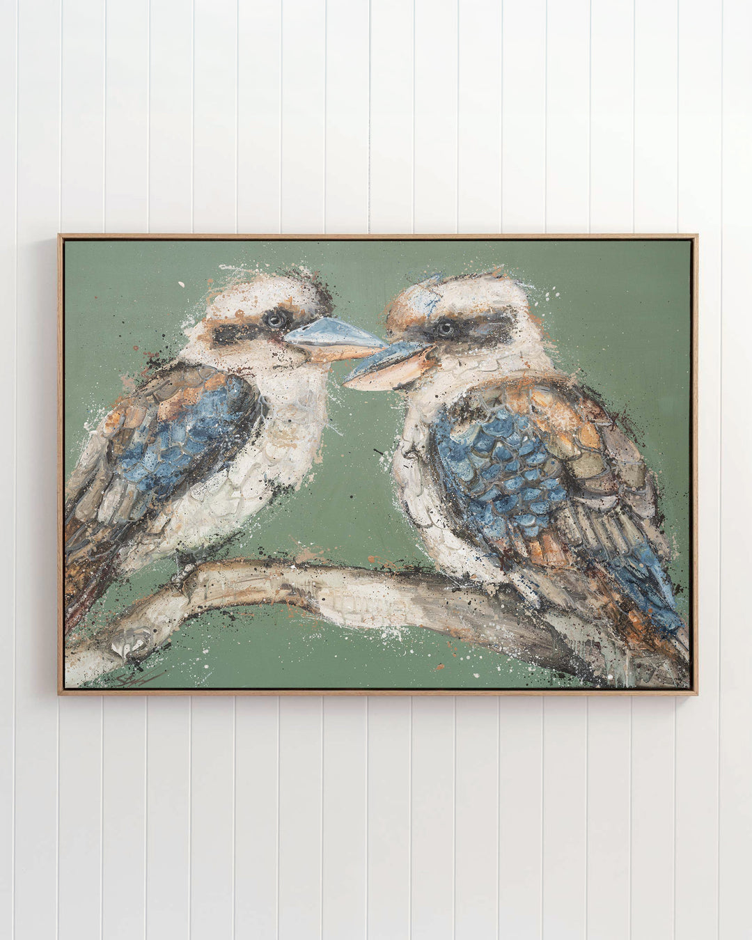 Beaks and Bedlam kookaburra fine art print by Stephanie Elizabeth, framed canvas in an oak frame