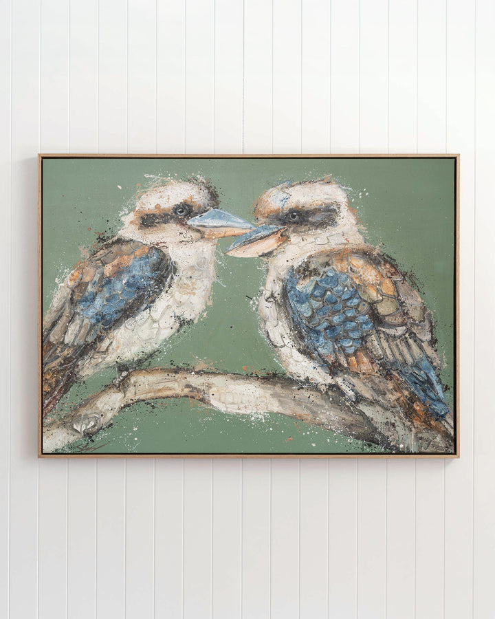 Beaks and Bedlam kookaburra fine art print by Stephanie Elizabeth, framed canvas in an oak frame