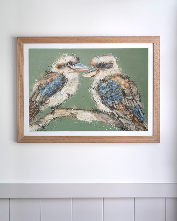 Beaks and Bedlam kookaburra fine art print by Stephanie Elizabeth, framed paper print in an oak frame