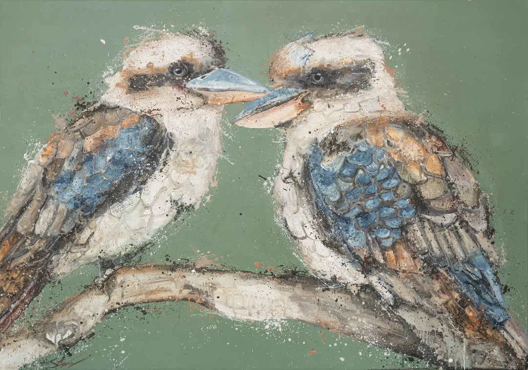 Beaks and Bedlam – Original acrylic artwork featuring two kookaburras with playful character and earthy Australian bush tones with green background.