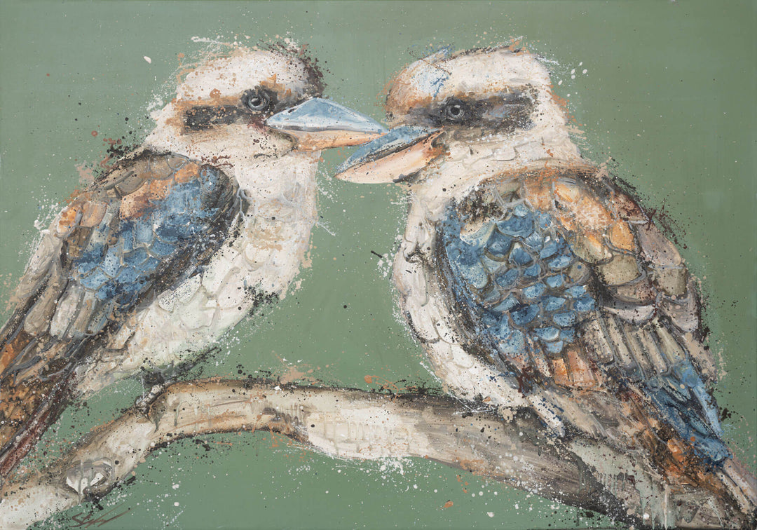 Beaks and Bedlam by Stephanie Elizabeth featuring two kookaburras perched together on a branch.
