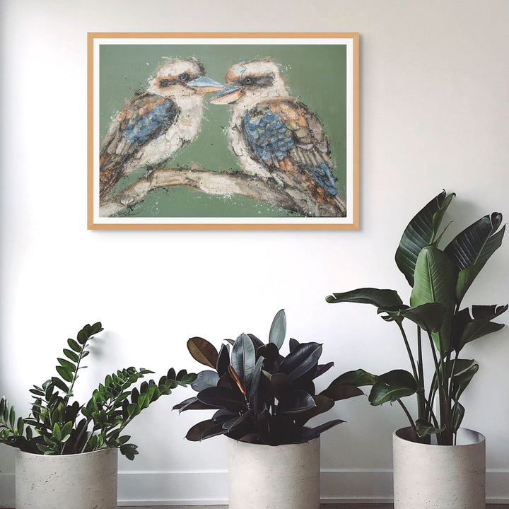 Framed presentation of Beaks and Bedlam by Stephanie Elizabeth displayed in a modern interior.