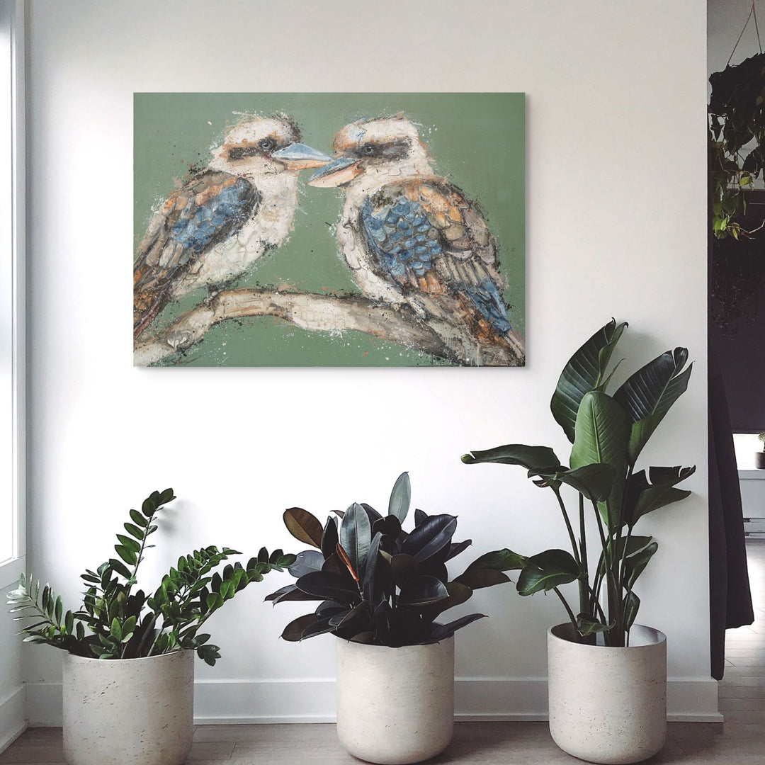 Stretched canvas presentation of Beaks and Bedlam by Stephanie Elizabeth.