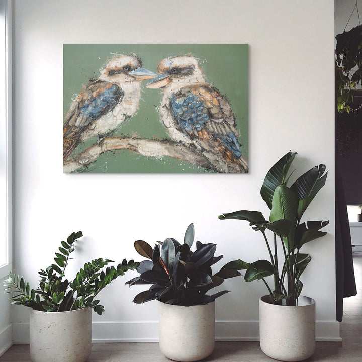 Stretched canvas presentation of Beaks and Bedlam by Stephanie Elizabeth.