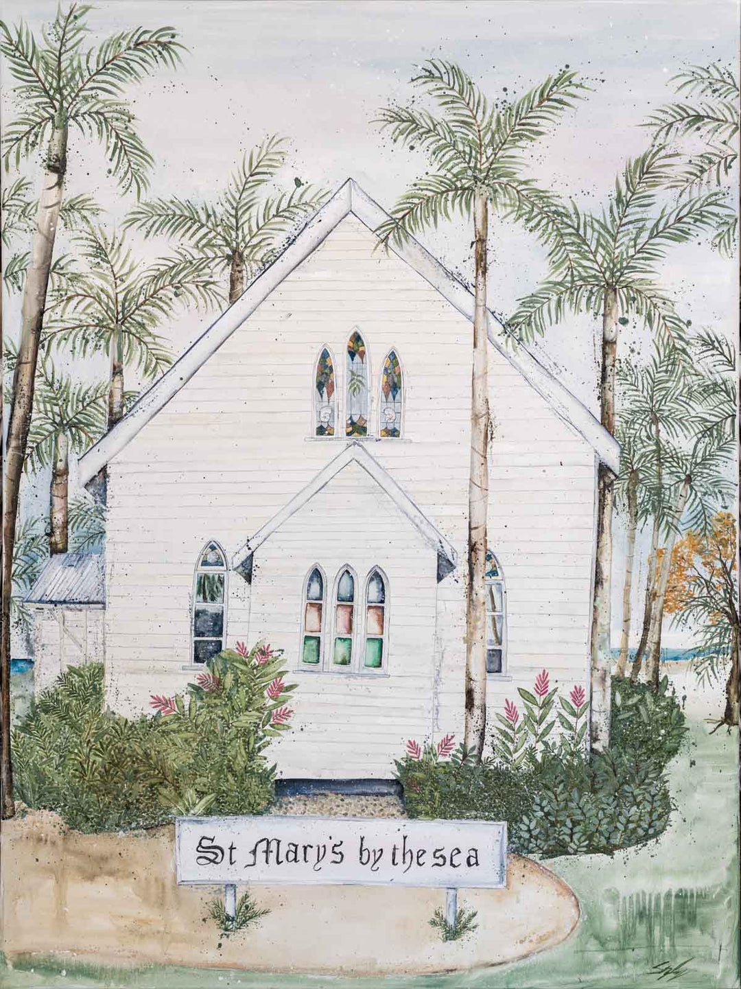 Bells Will Ring, the Sun Will Shine – Close-up detail of Port Douglas St Marys artwork, acrylic on poly-cotton canvas with sunlit tones | Unframed Rolled Print
