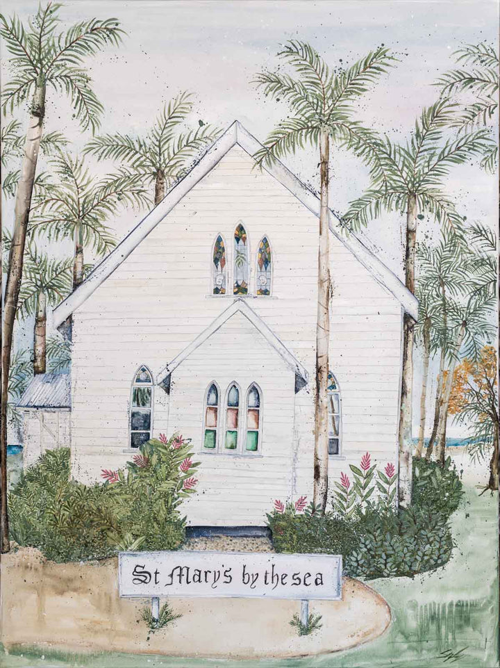 Bells Will Ring, the Sun Will Shine – Close-up detail of Port Douglas St Marys artwork, acrylic on poly-cotton canvas with sunlit tones | Unframed Rolled Print