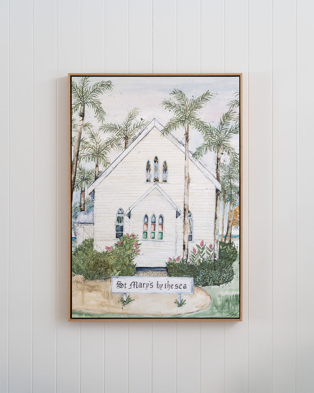 Bells Will Ring, the Sun Will Shine St Mary's Port Douglas fine art print by Stephanie Elizabeth, framed canvas in an oak frame