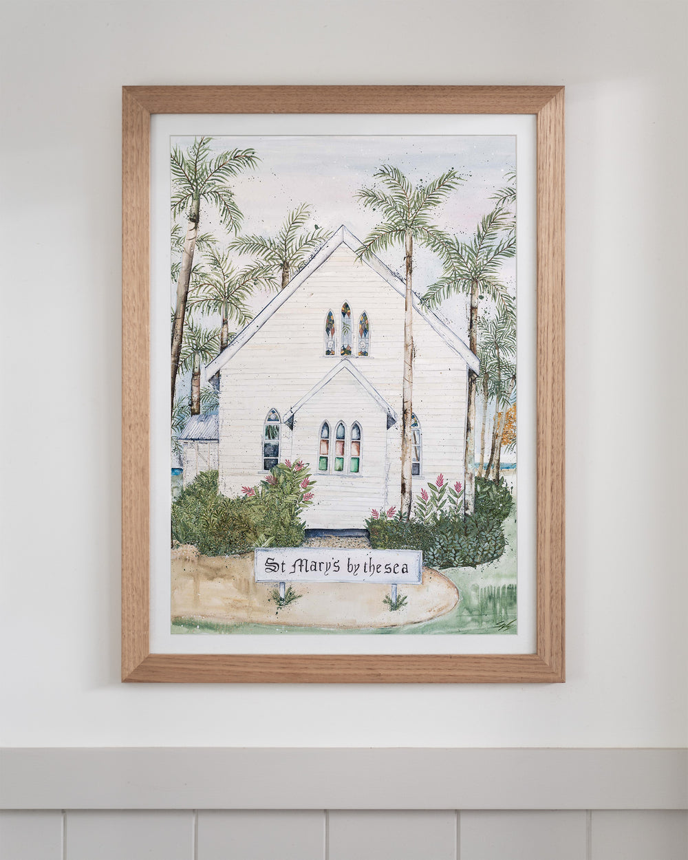 Bells Will Ring, the Sun Will Shine – St Mary's by the Sea, Port Douglas, framed paper print in oak frame