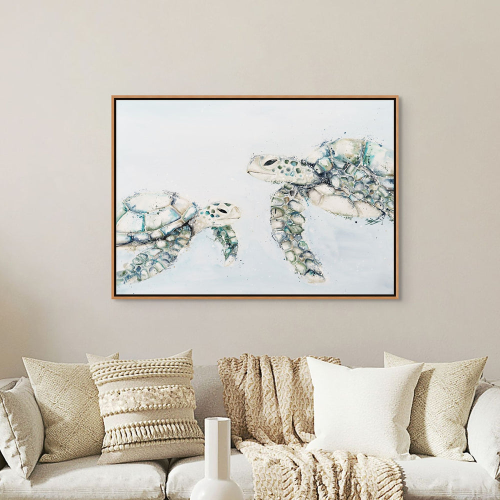 Better In Blue by Stephanie Elizabeth – shadow box canvas print of two turtles in light blue water, fine art marine artwork