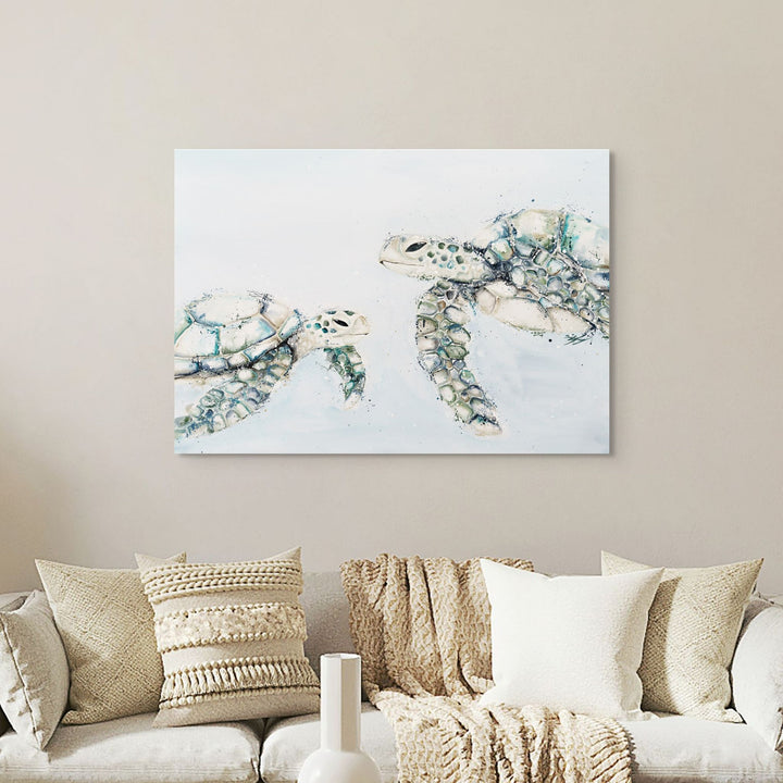 Better In Blue by Stephanie Elizabeth – stretched canvas print featuring two turtles, limited edition fine art print