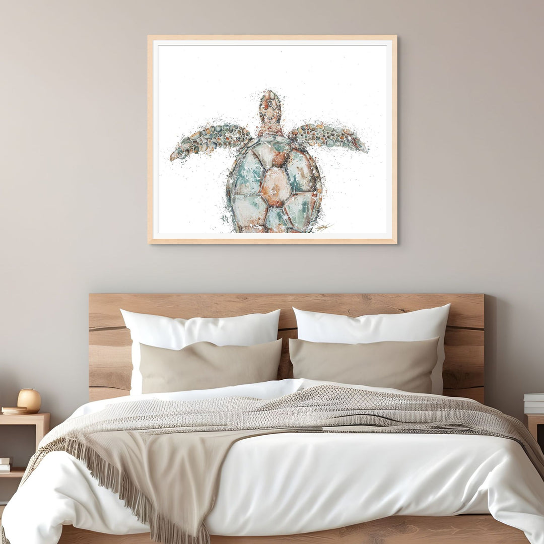 Bird’s-Eye View Turtle by Stephanie Elizabeth – framed paper print of top-down view of turtle on white background, fine art marine life print