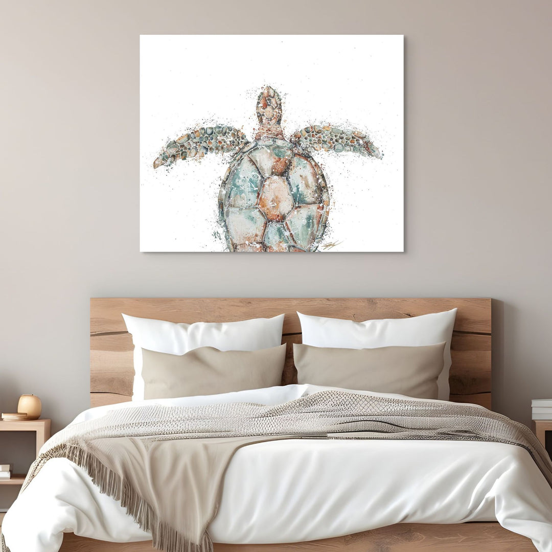 Bird’s-Eye View Turtle by Stephanie Elizabeth – stretched canvas print of turtle top-down on white background, marine life fine art print