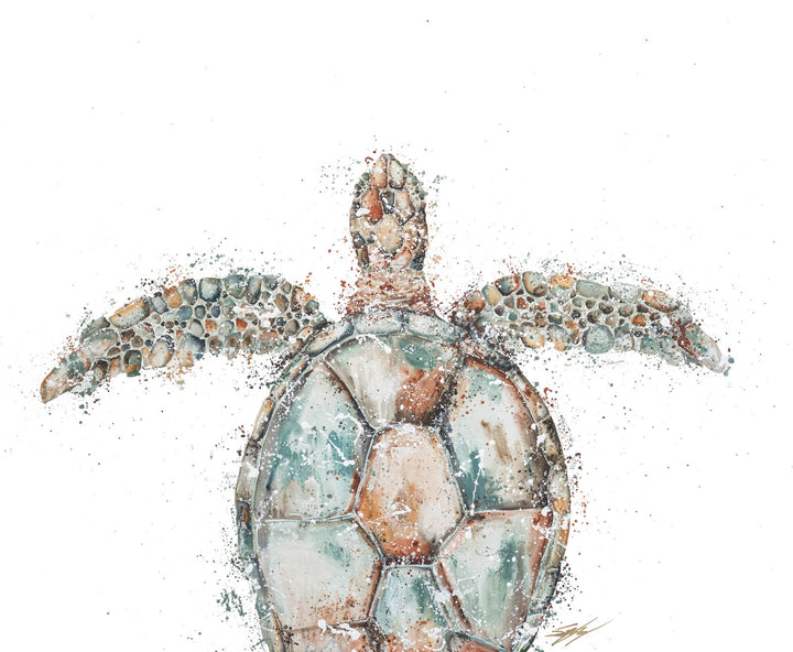 A Bird's Eye View – Close-up detail of top-down turtle artwork on poly-cotton canvas or paper, soft ocean background | Unframed Rolled Print