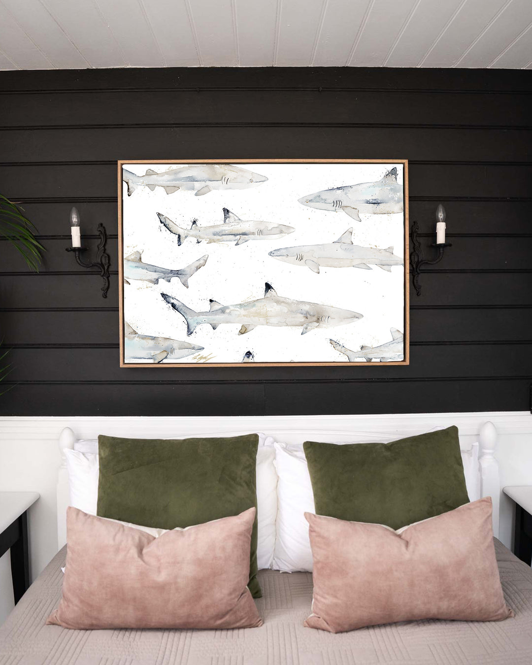 Black or White – reef sharks, framed canvas in oak float frame, styled in a bedroom