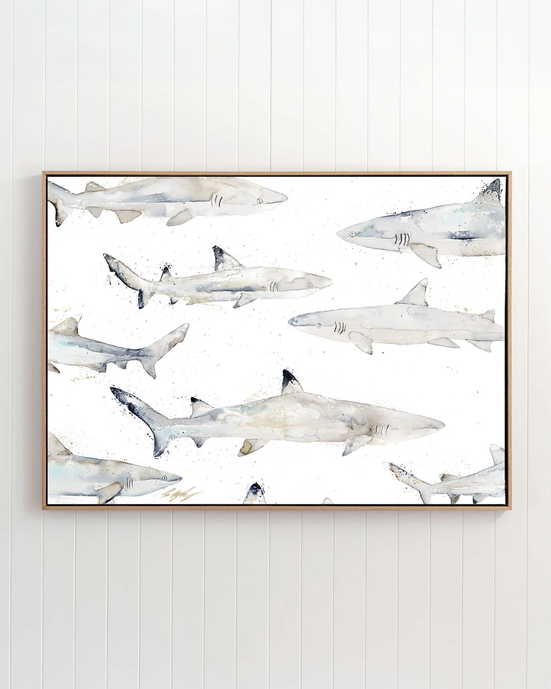 Black or White reef sharks fine art print by Stephanie Elizabeth, framed canvas in an oak frame