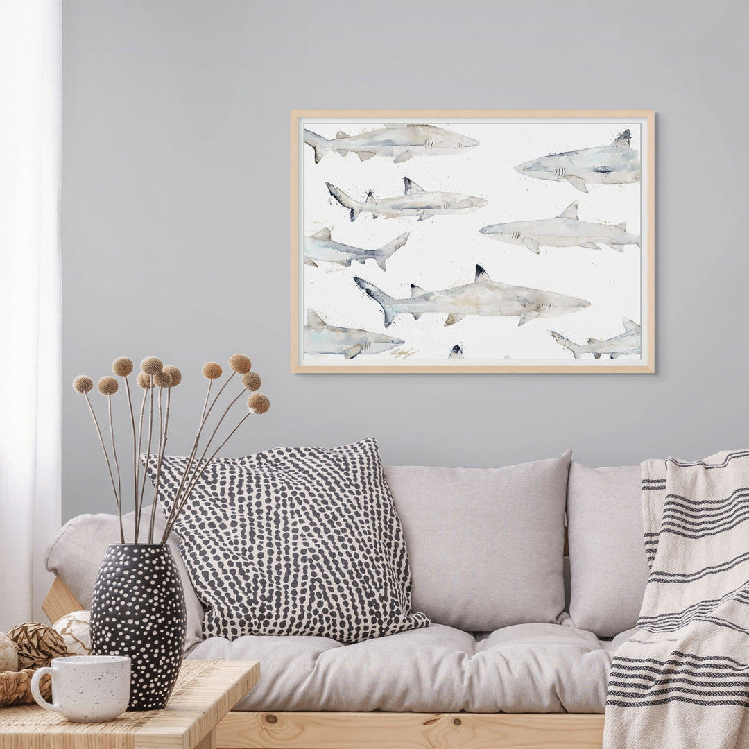 Black or White by Stephanie Elizabeth – framed paper print of sharks swimming, fine art marine life print