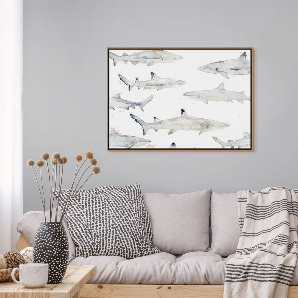 Black or White by Stephanie Elizabeth – shadow box canvas print featuring sharks in motion, ocean-inspired fine art artwork
