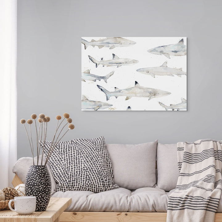 Black or White by Stephanie Elizabeth – stretched canvas print of sharks swimming together, marine life fine art print
