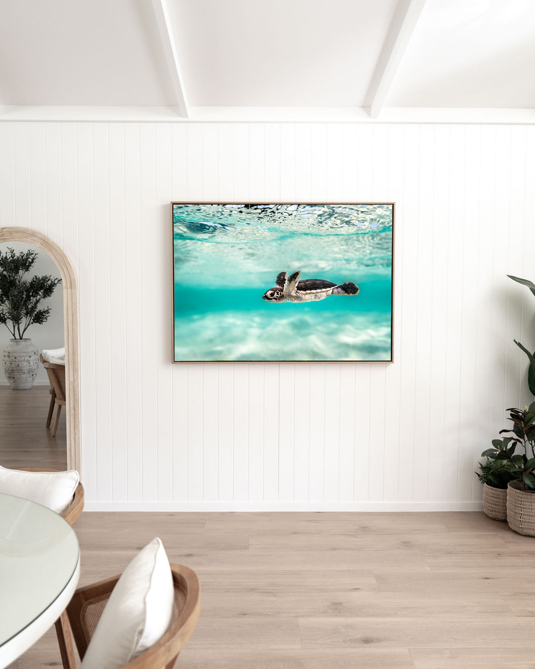 Blue Lagoon – Turtle Hatchling, Underwater Photography by David Lloyd, framed canvas print in oak float frame, styled in a dining room setting