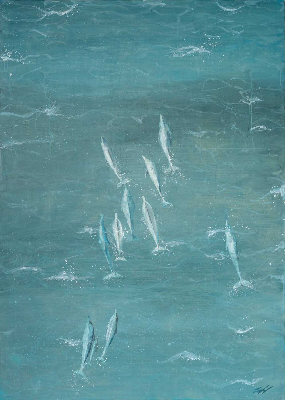 Bold and the Beautiful – aerial dolphin painting in turquoise ocean tones with white water movement by Stephanie Elizabeth | Original Artwork