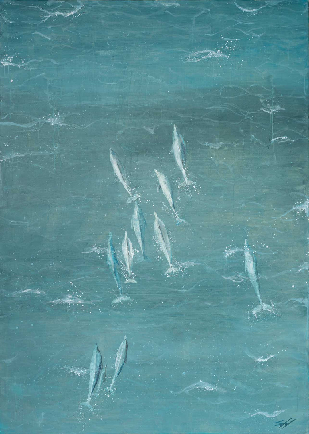 Bold and the Beautiful – aerial dolphin painting in turquoise ocean tones with white water movement by Stephanie Elizabeth | Original Artwork