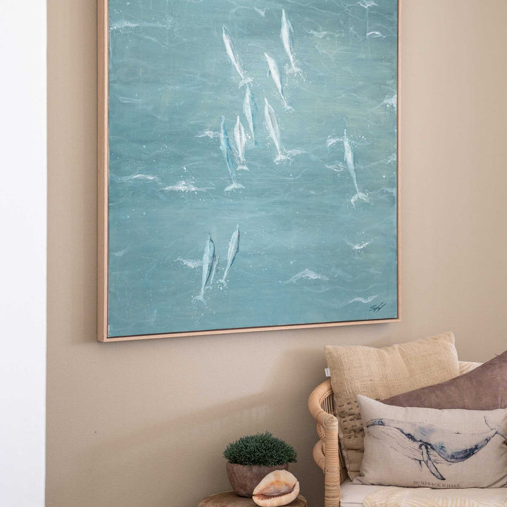 Bold and the Beautiful – close-up detail of dolphins and ocean texture with soft brushwork and layered blue tones by Stephanie Elizabeth | Original Artwork
