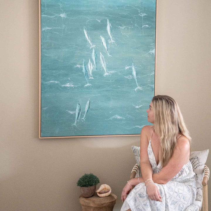 Bold and the Beautiful – aerial dolphin painting in turquoise ocean tones with white water movement by Stephanie Elizabeth | Original Artwork