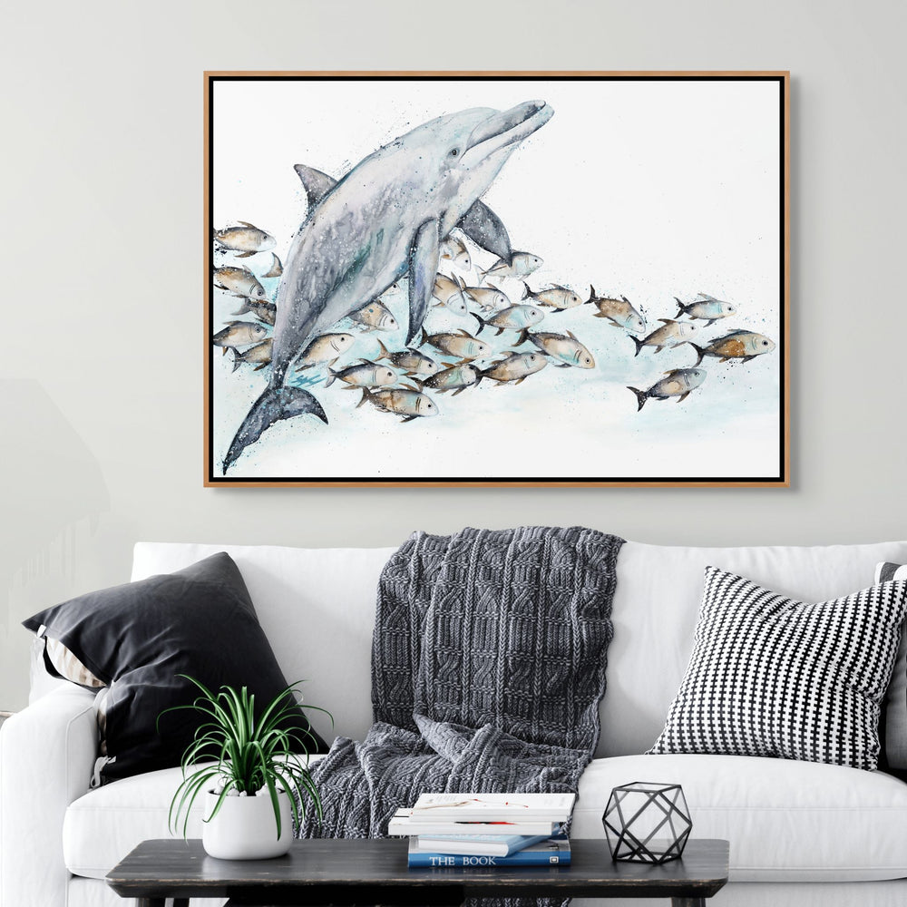 Bubble Toes by Stephanie Elizabeth – shadow box canvas print featuring dolphin and schooling trevally, ocean-inspired fine art artwork