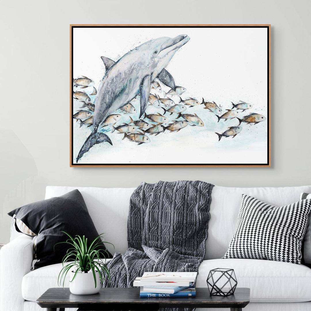 Bubble Toes by Stephanie Elizabeth – shadow box canvas print featuring dolphin and schooling trevally, ocean-inspired fine art artwork