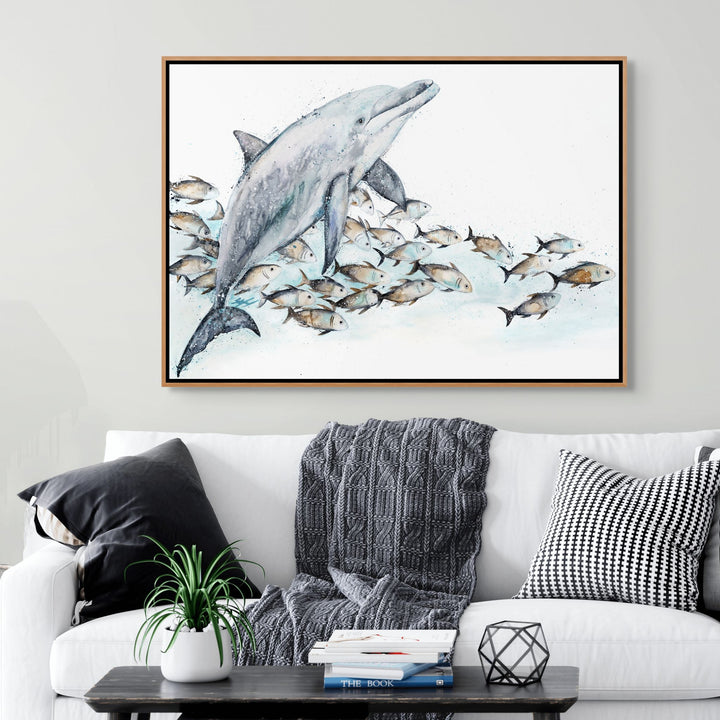 Bubble Toes by Stephanie Elizabeth – shadow box canvas print featuring dolphin and schooling trevally, ocean-inspired fine art artwork