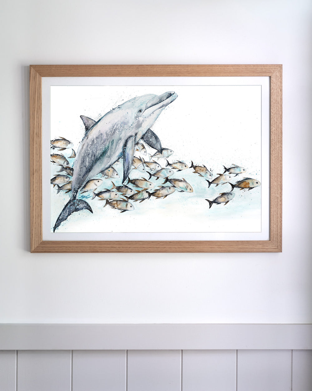 Bubble Toes – dolphin with a school of fish, framed paper print in oak frame