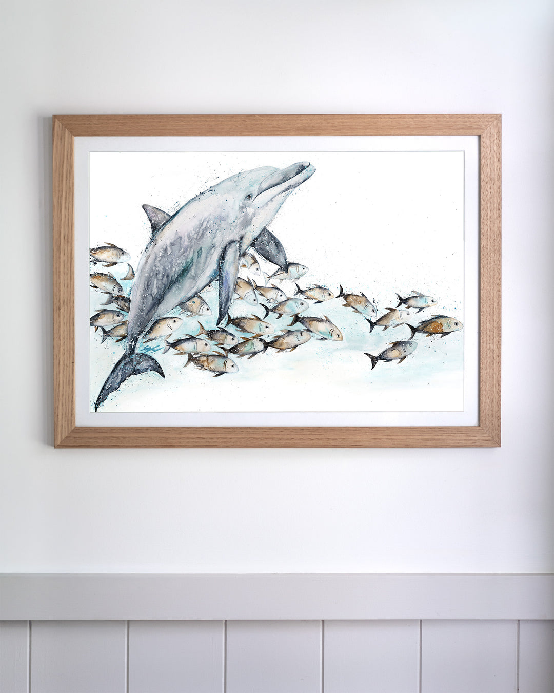 Bubble Toes – dolphin with a school of fish, framed paper print in oak frame