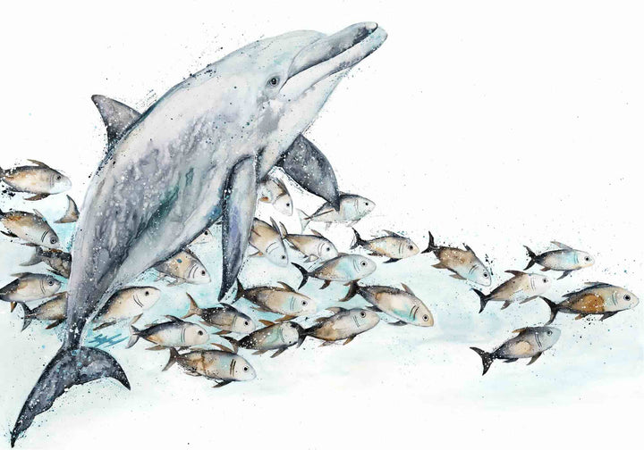 Bubble Toes by Stephanie Elizabeth – unframed rolled paper print of playful dolphin with trevally, ocean-inspired fine art print