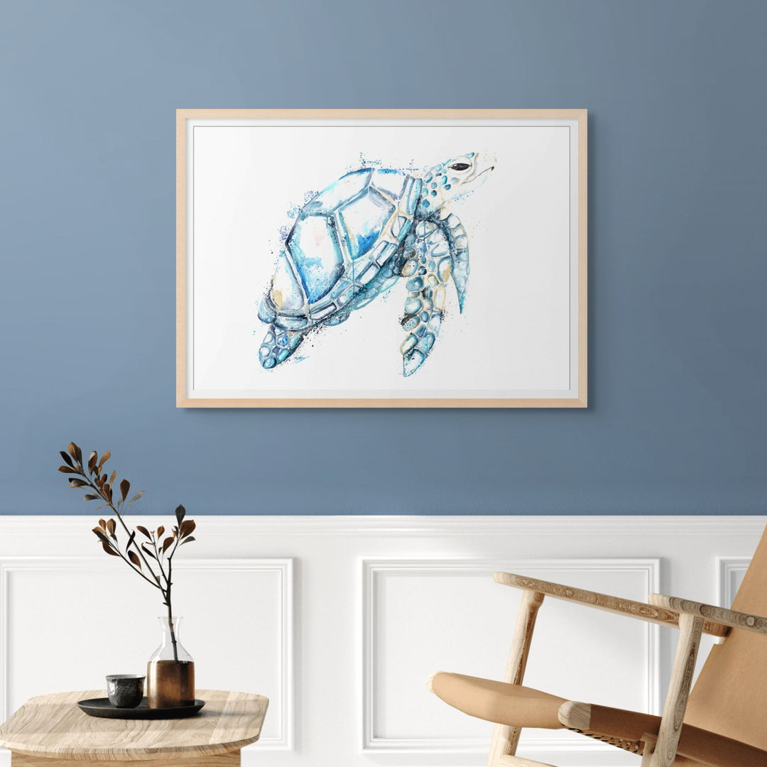 By The Way by Stephanie Elizabeth – framed paper print of a full-size blue turtle, Australian fine art marine print