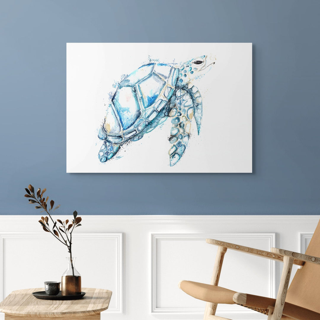 By The Way by Stephanie Elizabeth – stretched canvas print of full-size blue turtle, limited edition fine art print