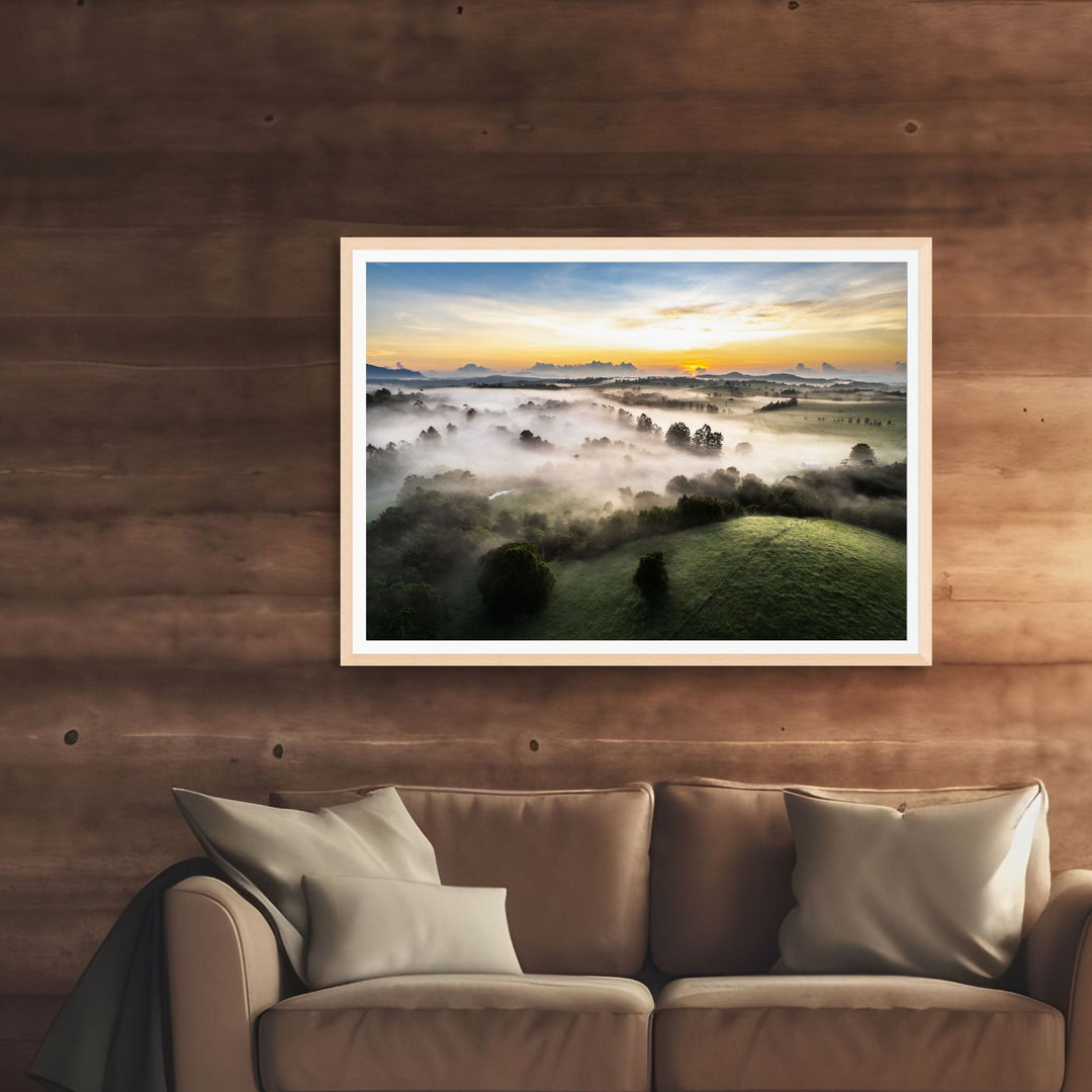 Campfire Smells and Fog Blankets – Misty Atherton Tablelands aerial landscape with fog blankets over forest | Framed Paper Print