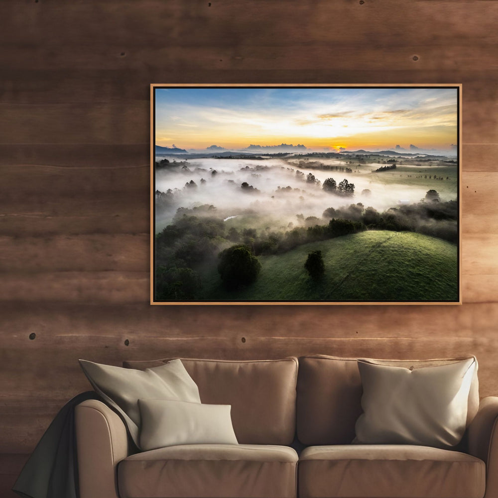Campfire Smells and Fog Blankets – Misty Atherton Tablelands aerial landscape with fog blankets over forest | Shadow Box Canvas Print
