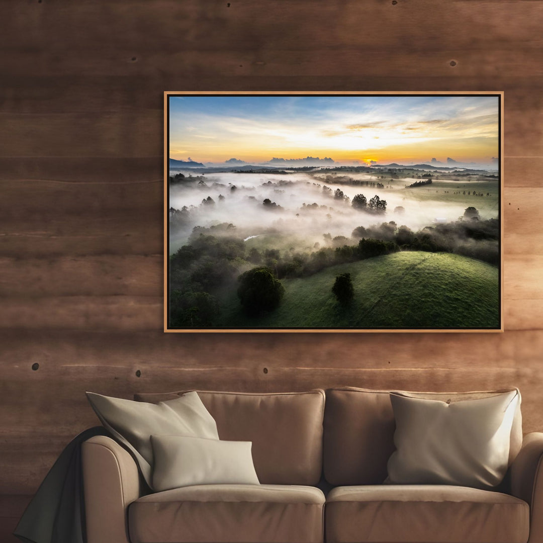Campfire Smells and Fog Blankets – Misty Atherton Tablelands aerial landscape with fog blankets over forest | Shadow Box Canvas Print