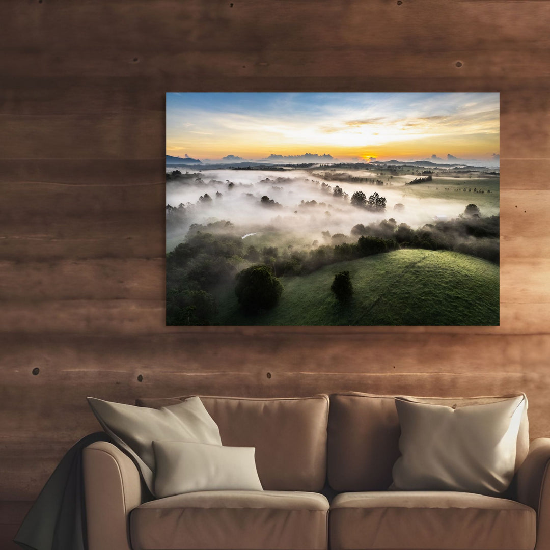 Campfire Smells and Fog Blankets – Misty Atherton Tablelands aerial landscape with fog blankets over forest | Stretched Canvas Print